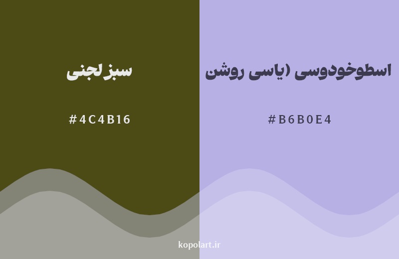 رکیب رنگ سبز لجنی در کنار رنگ مکمل آن اسطوخودوسی (یاسی روشن)