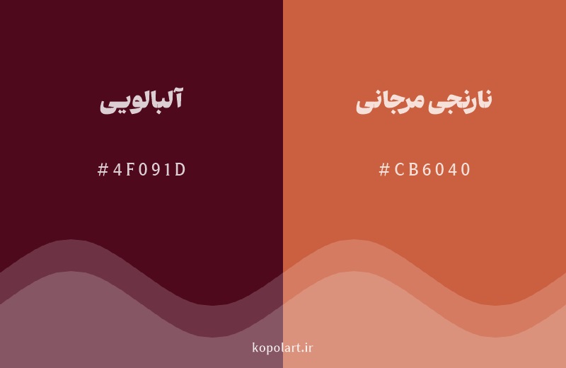 رنگ همسایه آلبالویی با کد هگزادسیمال 4F091D، رنگ نارنجی مرجانی با کد CB6040
