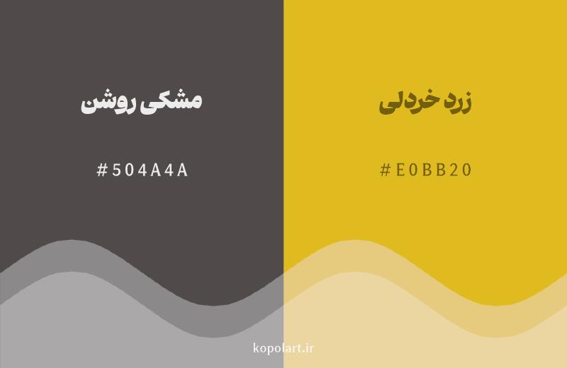 رنگ همسایه مشکی روشن با کد هگزادسیمال 504A4A، رنگ زرد خردلی با کد E0BB20