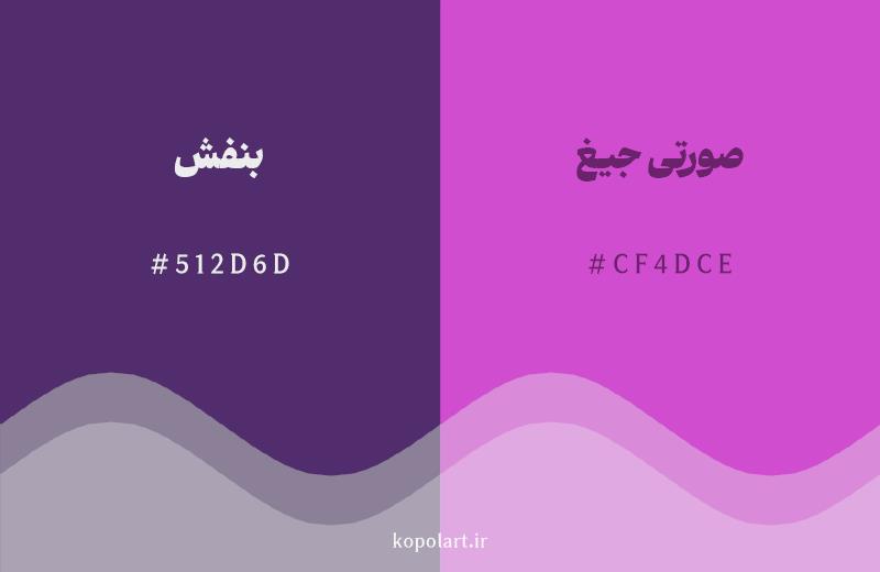 رنگ همسایه بنفش با کد هگزادسیمال 512D6D، رنگ صورتی جیغ با کد CF4DCE