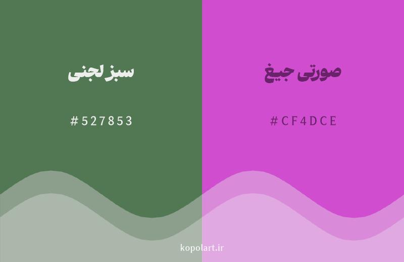 رنگ مکمل سبز لجنی با کد هگزادسیمال 527853، رنگ صورتی جیغ با کد CF4DCE