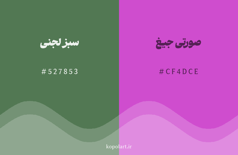 رنگ مکمل سبز لجنی با کد هگزادسیمال 527853، رنگ صورتی جیغ با کد CF4DCE