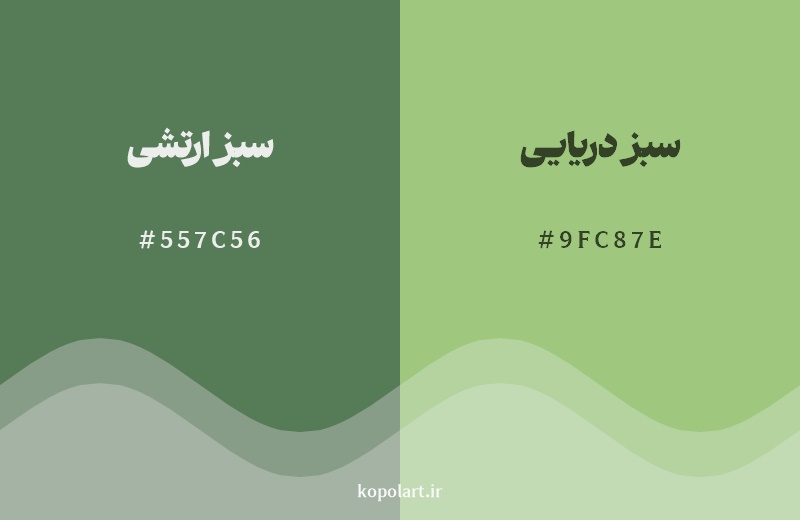 نمایش هارمونی رنگ سبز ارتشی در کنار رنگ همسایه آن سبز دریایی