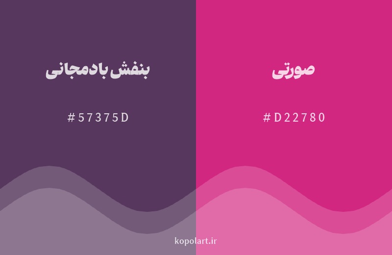 رنگ همسایه بنفش بادمجانی با کد هگزادسیمال 57375D، رنگ صورتی با کد D22780