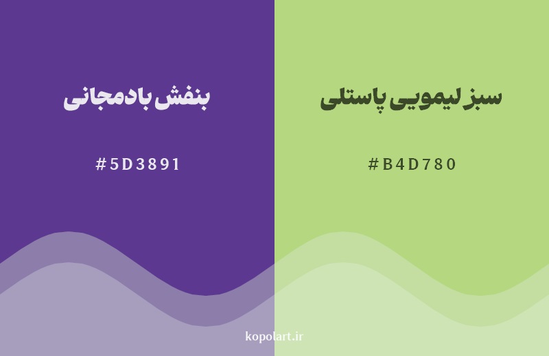 رکیب رنگ بنفش بادمجانی در کنار رنگ مکمل آن سبز لیمویی پاستلی