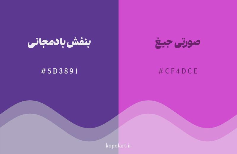 رنگ همسایه بنفش بادمجانی با کد هگزادسیمال 5D3891، رنگ صورتی جیغ با کد CF4DCE