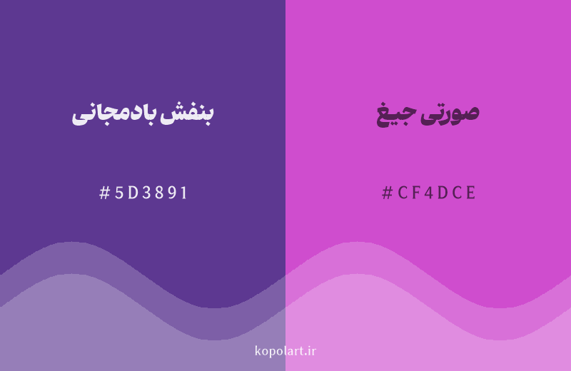 رنگ همسایه بنفش بادمجانی با کد هگزادسیمال 5D3891، رنگ صورتی جیغ با کد CF4DCE