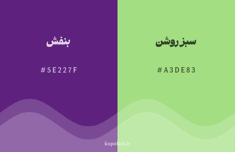 رنگ مکمل بنفش با کد هگزادسیمال 5E227F، رنگ سبز روشن با کد A3DE83