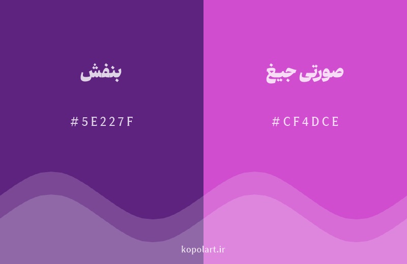 رنگ همسایه بنفش با کد هگزادسیمال 5E227F، رنگ صورتی جیغ با کد CF4DCE