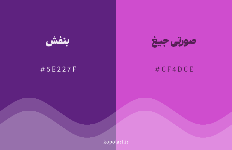 رنگ همسایه بنفش با کد هگزادسیمال 5E227F، رنگ صورتی جیغ با کد CF4DCE