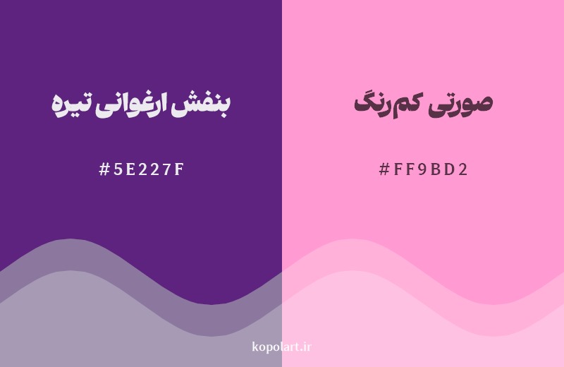 نمایش هارمونی رنگ بنفش ارغوانی تیره در کنار رنگ همسایه آن صورتی کم‌رنگ