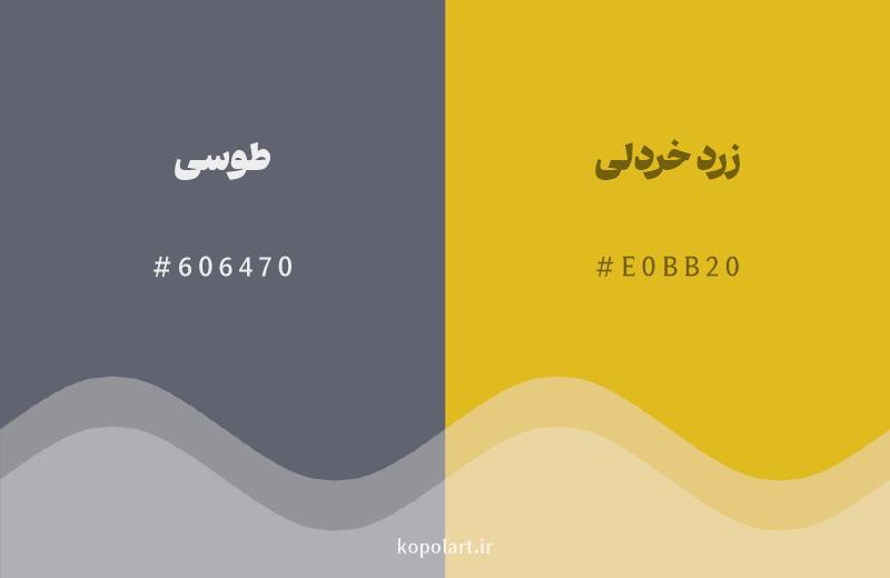 رنگ مکمل طوسی با کد هگزادسیمال 606470، رنگ زرد خردلی با کد E0BB20