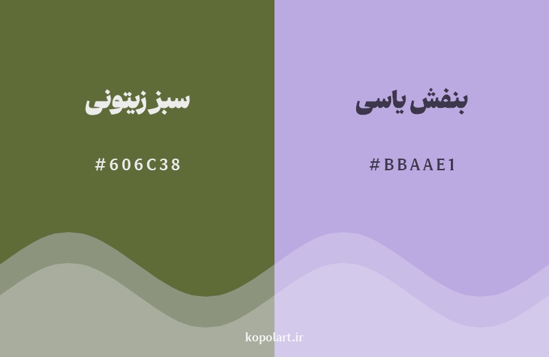ترکیب رنگ سبز زیتونی در کنار رنگ مکمل آن بنفش یاسی