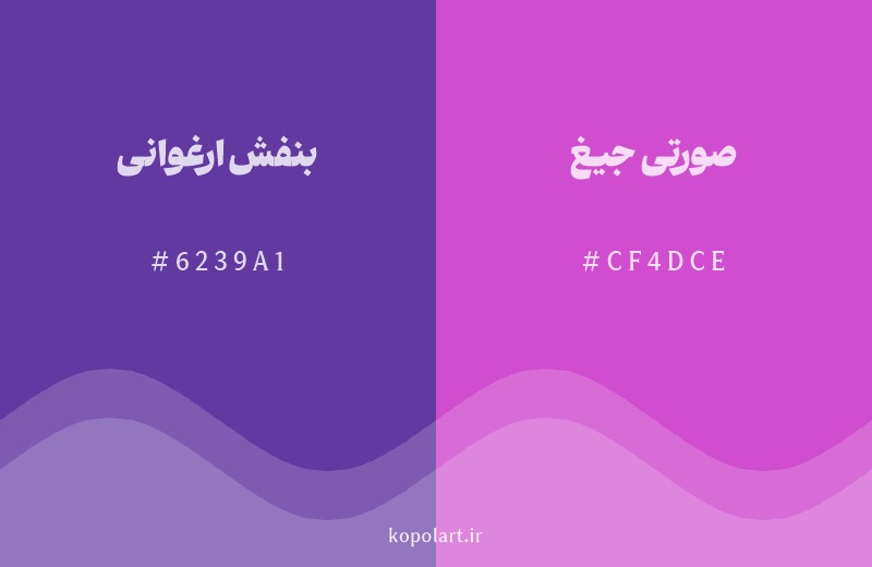 رنگ همسایه بنفش ارغوانی با کد هگزادسیمال 6239A1، رنگ صورتی جیغ با کد CF4DCE