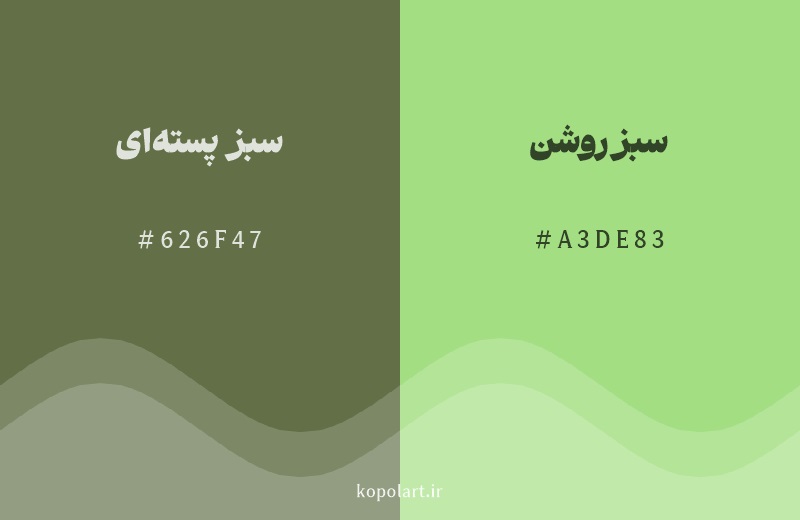 رنگ همسایه سبز پسته‌ای با کد هگزادسیمال 626F47، رنگ سبز روشن با کد A3DE83