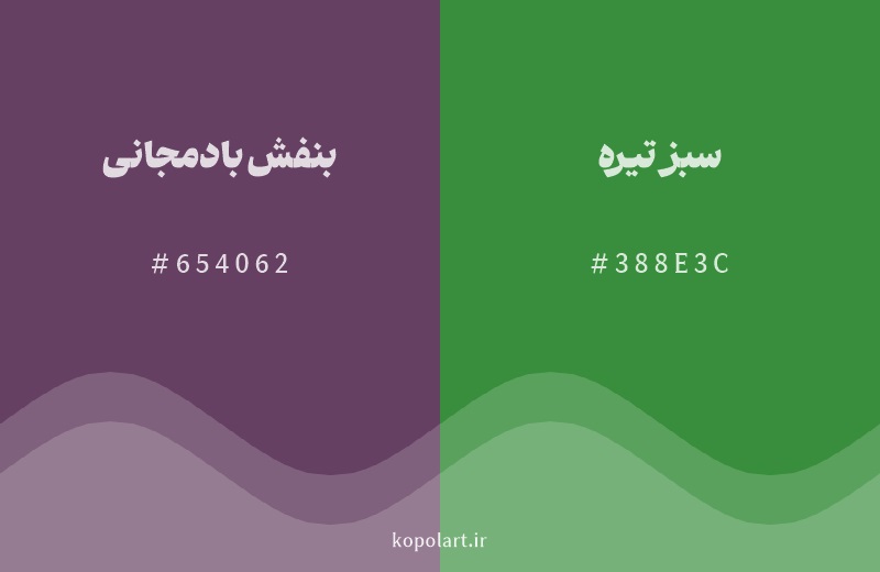 رنگ مکمل بنفش بادمجانی با کد هگزادسیمال 654062، رنگ سبز تیره با کد 388E3C