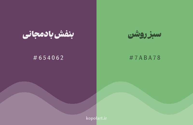 رنگ مکمل بنفش بادمجانی با کد هگزادسیمال 654062، رنگ سبز روشن با کد 7ABA78