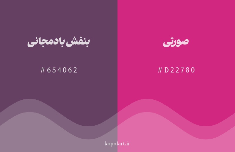 رنگ همسایه بنفش بادمجانی با کد هگزادسیمال 654062، رنگ صورتی با کد D22780