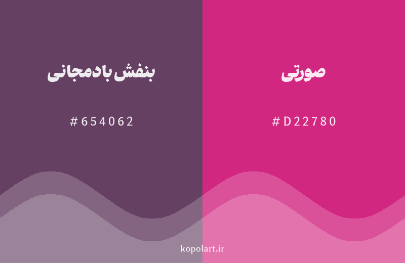 رنگ همسایه بنفش بادمجانی با کد هگزادسیمال 654062، رنگ صورتی با کد D22780