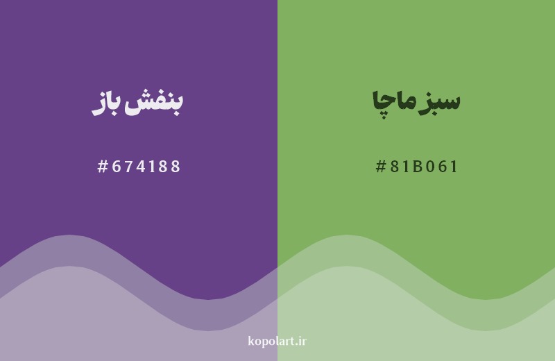 ترکیب رنگ بنفش باز در کنار رنگ مکمل آن سبز ماچا
