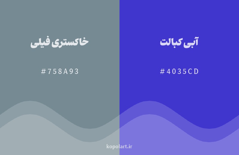 رنگ همسایه خاکستری فیلی با کد هگزادسیمال 758A93، رنگ آبی کبالت با کد 4035CD