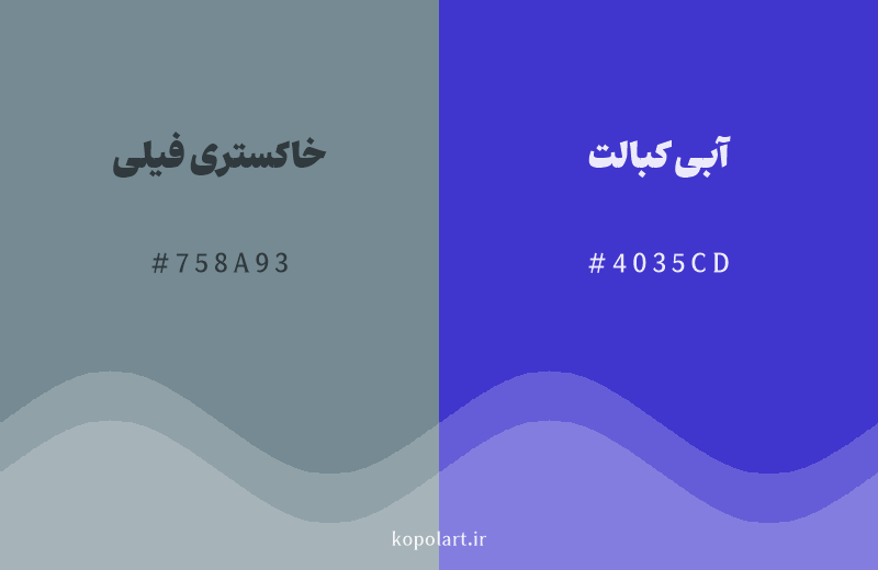 رنگ همسایه خاکستری فیلی با کد هگزادسیمال 758A93، رنگ آبی کبالت با کد 4035CD