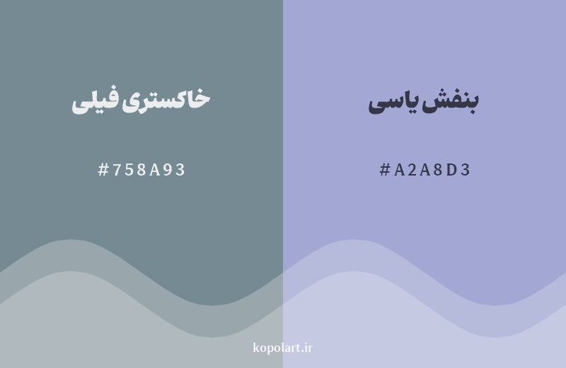 نمایش هارمونی رنگ خاکستری فیلی در کنار رنگ همسایه آن بنفش یاسی
