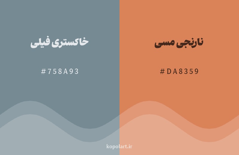 رنگ مکمل خاکستری فیلی با کد هگزادسیمال 758A93، رنگ نارنجی مسی با کد DA8359