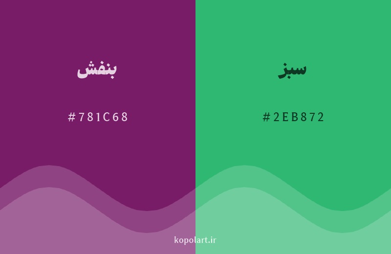 رنگ مکمل بنفش با کد هگزادسیمال 781C68، رنگ سبز با کد 2EB872