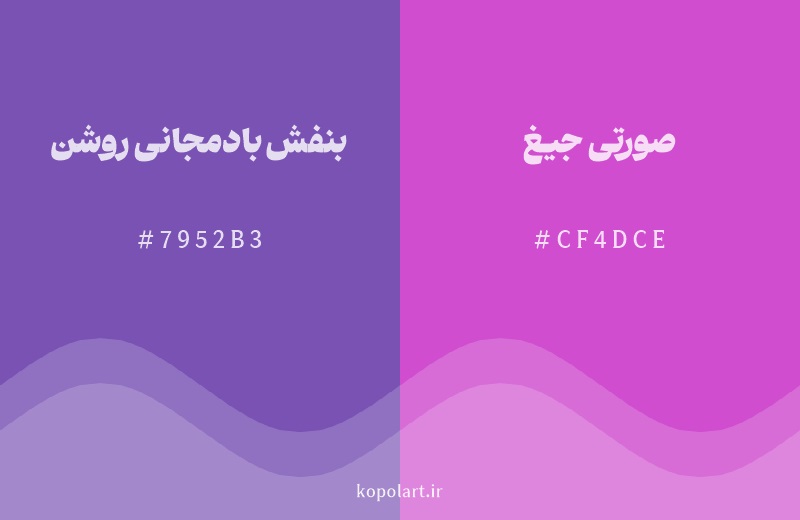 رنگ همسایه بنفش بادمجانی روشن با کد هگزادسیمال 7952B3، رنگ صورتی جیغ با کد CF4DCE
