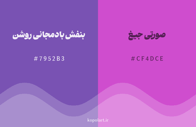 رنگ همسایه بنفش بادمجانی روشن با کد هگزادسیمال 7952B3، رنگ صورتی جیغ با کد CF4DCE