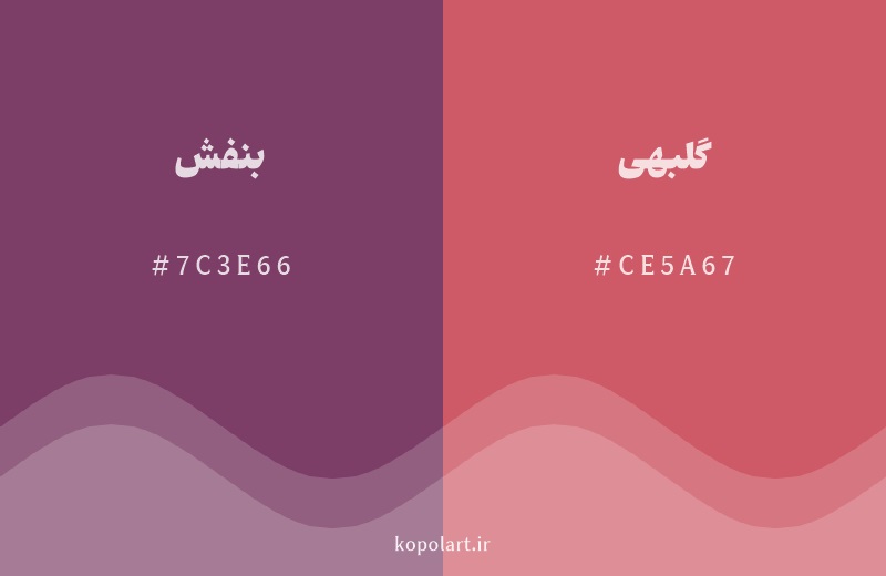 رنگ همسایه بنفش با کد هگزادسیمال 7C3E66، رنگ گلبهی با کد CE5A67