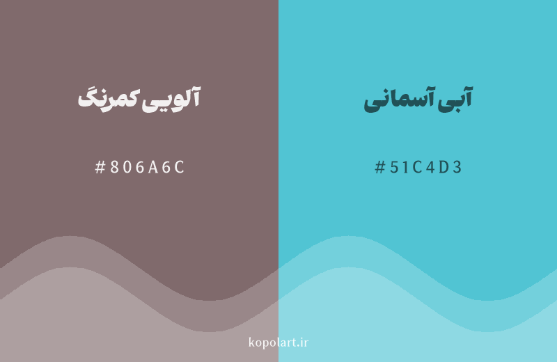 رنگ مکمل آلویی کمرنگ با کد هگزادسیمال 806A6C، رنگ آبی آسمانی با کد 51C4D3