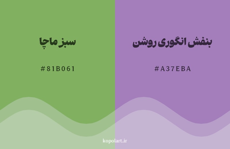 ترکیب رنگ سبز ماچا در کنار رنگ مکمل آن بنفش انگوری روشن