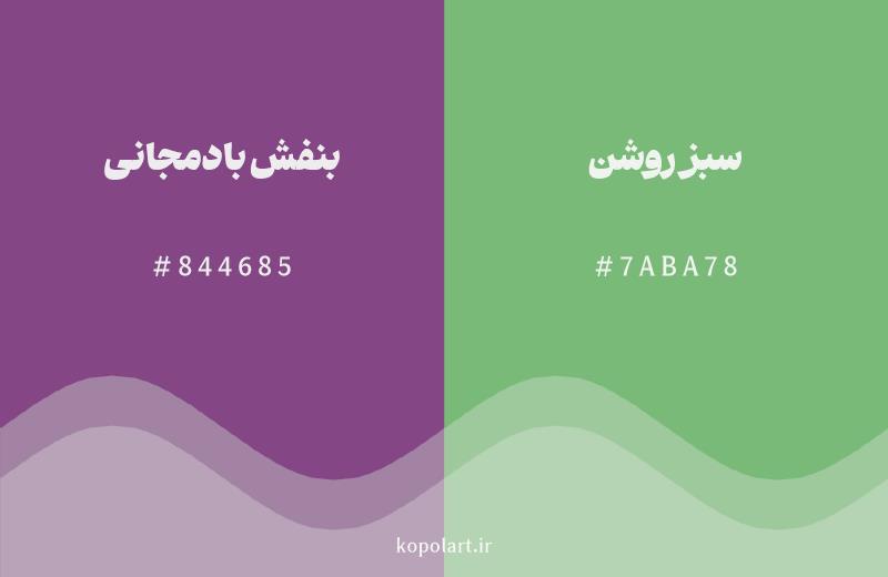 رنگ مکمل بنفش بادمجانی با کد هگزادسیمال 844685، رنگ سبز روشن با کد 7ABA78
