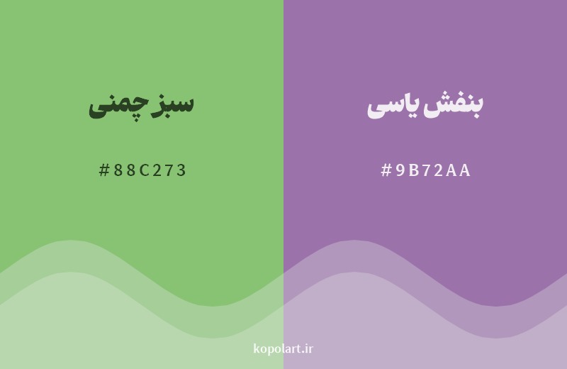 ترکیب رنگ سبز چمنی در کنار رنگ مکمل آن بنفش یاسی