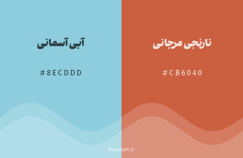 رنگ مکمل آبی آسمانی با کد هگزادسیمال 8ECDDD، رنگ نارنجی مرجانی با کد CB6040