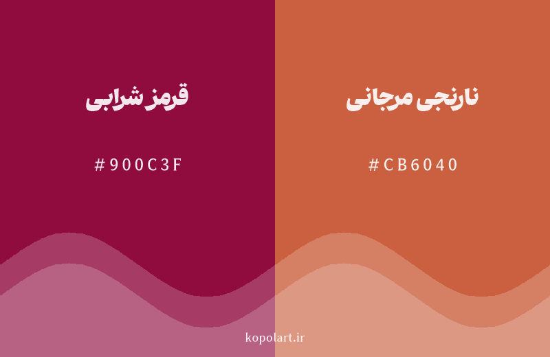 رنگ همسایه قرمز شرابی با کد هگزادسیمال 900C3F، رنگ نارنجی مرجانی با کد CB6040