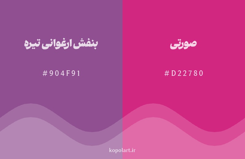 رنگ همسایه بنفش ارغوانی تیره با کد هگزادسیمال 904F91، رنگ صورتی با کد D22780