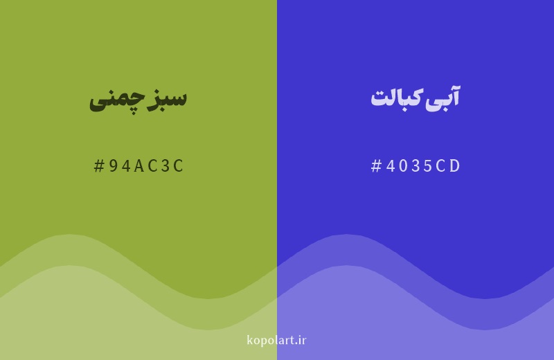 رنگ مکمل سبز چمنی با کد هگزادسیمال 94AC3C، رنگ آبی کبالت با کد 4035CD