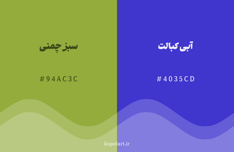 رنگ مکمل سبز چمنی با کد هگزادسیمال 94AC3C، رنگ آبی کبالت با کد 4035CD