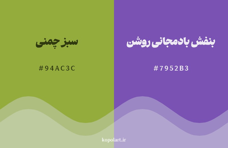ترکیب رنگ سبز چمنی در کنار رنگ مکمل آن بنفش بادمجانی روشن