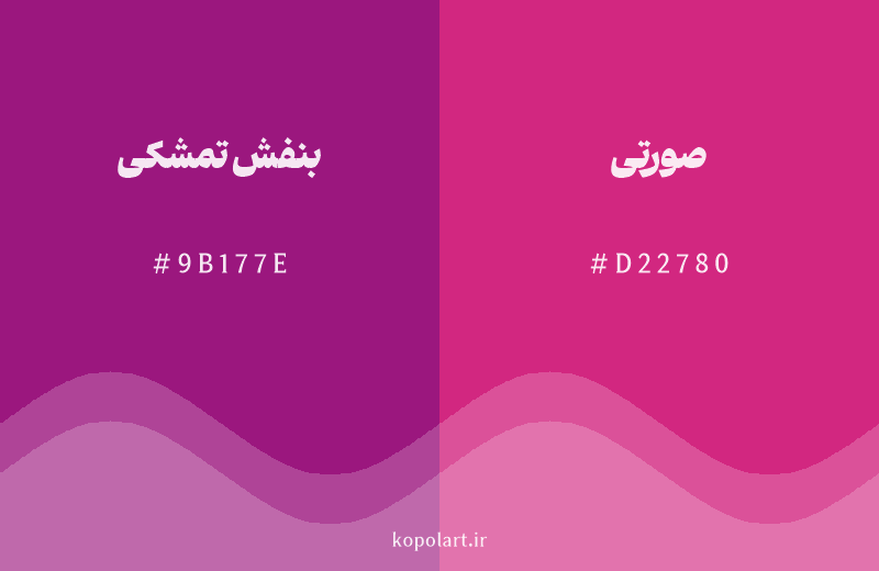 رنگ همسایه بنفش تمشکی با کد هگزادسیمال 9B177E، رنگ صورتی با کد D22780