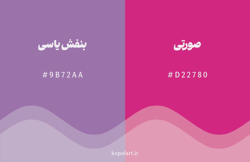 رنگ همسایه بنفش یاسی با کد هگزادسیمال 9B72AA، رنگ صورتی با کد D22780