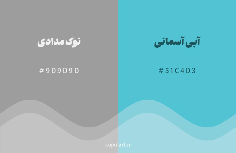 رنگ مکمل نوکمدادی با کد هگزادسیمال 9D9D9D، رنگ آبی آسمانی با کد 51C4D3
