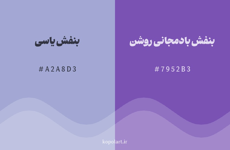 رنگ همسایه بنفش یاسی با کد هگزادسیمال A2A8D3، رنگ بنفش بادمجانی روشن با کد 7952B3