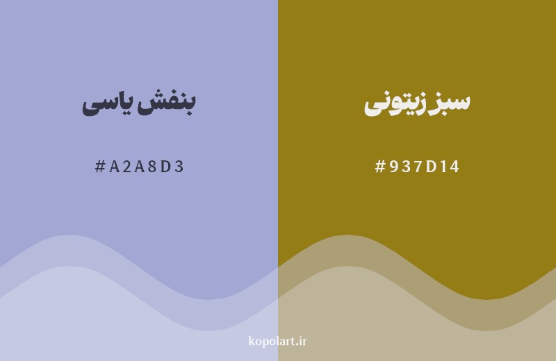 ترکیب رنگ بنفش یاسی در کنار رنگ مکمل آن سبز زیتونی