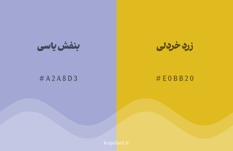 رنگ مکمل بنفش یاسی با کد هگزادسیمال A2A8D3، رنگ زرد خردلی با کد E0BB20