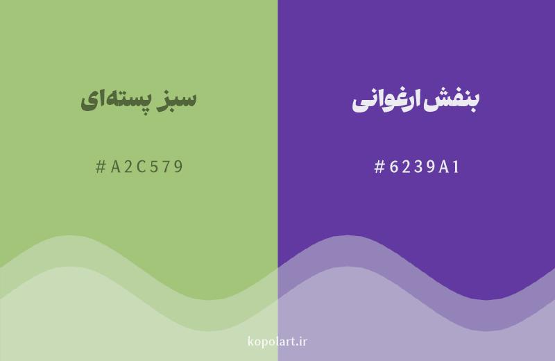 رنگ مکمل سبز پستهای با کد هگزادسیمال A2C579، رنگ بنفش ارغوانی با کد 6239A1