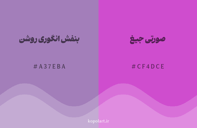 رنگ همسایه بنفش انگوری روشن با کد هگزادسیمال A37EBA، رنگ صورتی جیغ با کد CF4DCE